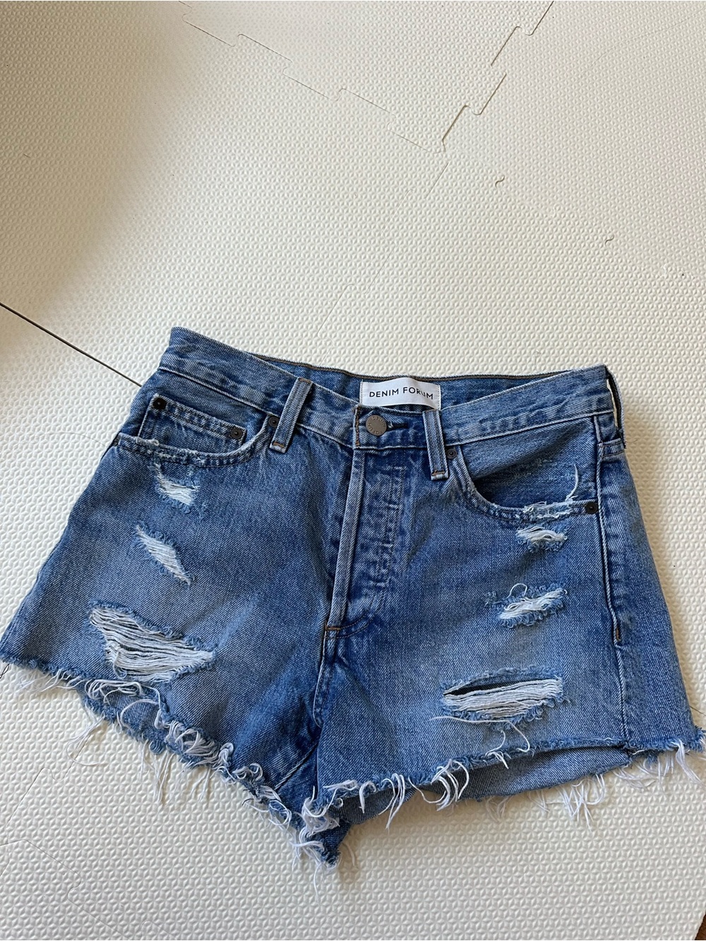 Denim Forum Frayed Medium Blue Distressed Jean Shorts